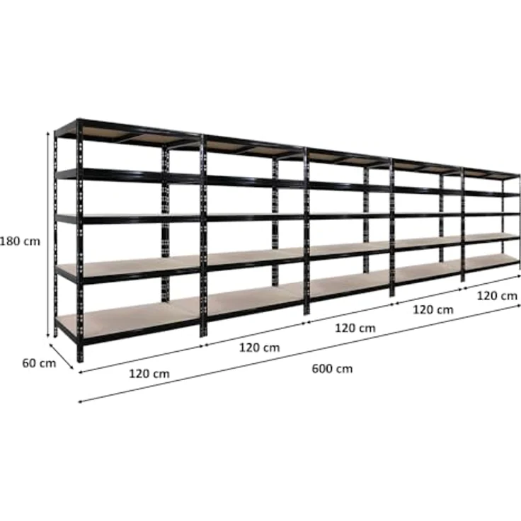 Proregal Schwerlastregal Mega Deal Tiger, H 180 cm, B 120 cm, T 60 cm, 5 Böden, Traglast 265 kg, Schwarz – Bild 2