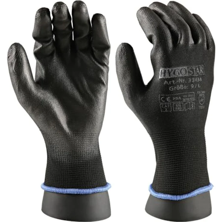 FRANZ MENSCH 12 Stück Hygostar Feinstrickhandschuhe Black Ace Touch | PU-Beschichtung, Packung, schwarz, 9/L, L: 25cm – Bild 5
