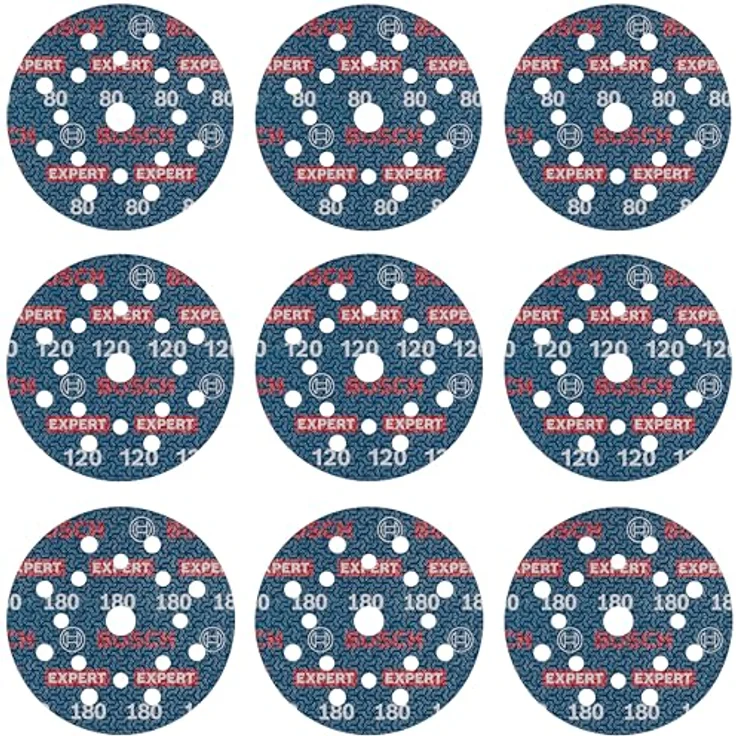 Bosch 9x EXPERT O780 Folienschleifscheiben-Set, 125 mm, 9‑tlg. (für Hartholz, Farbe auf Holz, Ø 125 mm, Körnung 3x80, 3x120, 3x180, Professional Zubehör Exzenterschleifer) – Bild 1