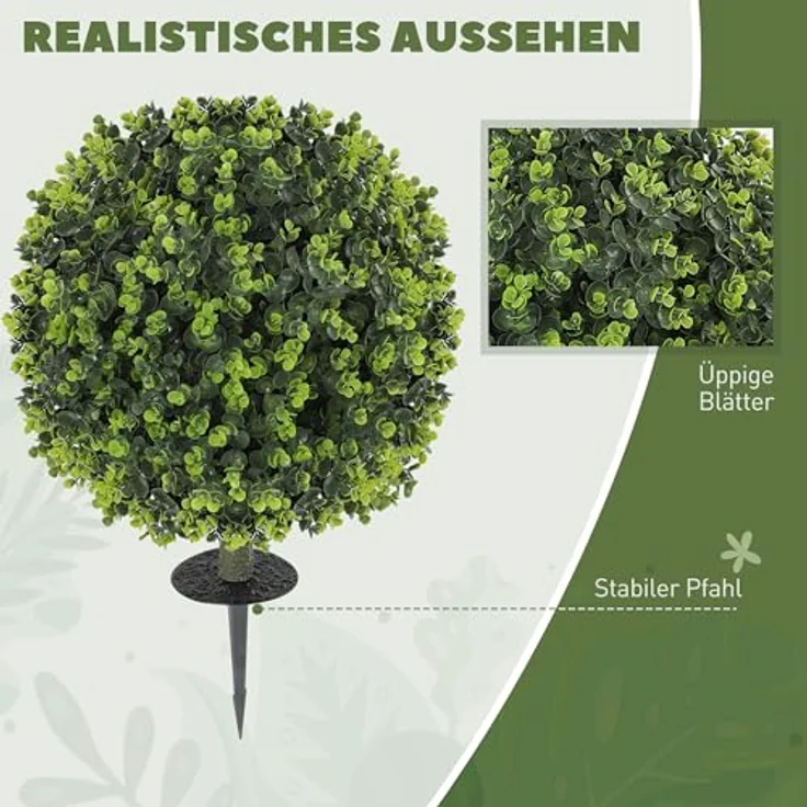 HOMCOM 2er-Set Künstliche Buchsbaumkugeln 56 cm, UV-beständige Deko-Pflanzen mit Erdspieß für Innen- und Außenbereiche, grün – Bild 3