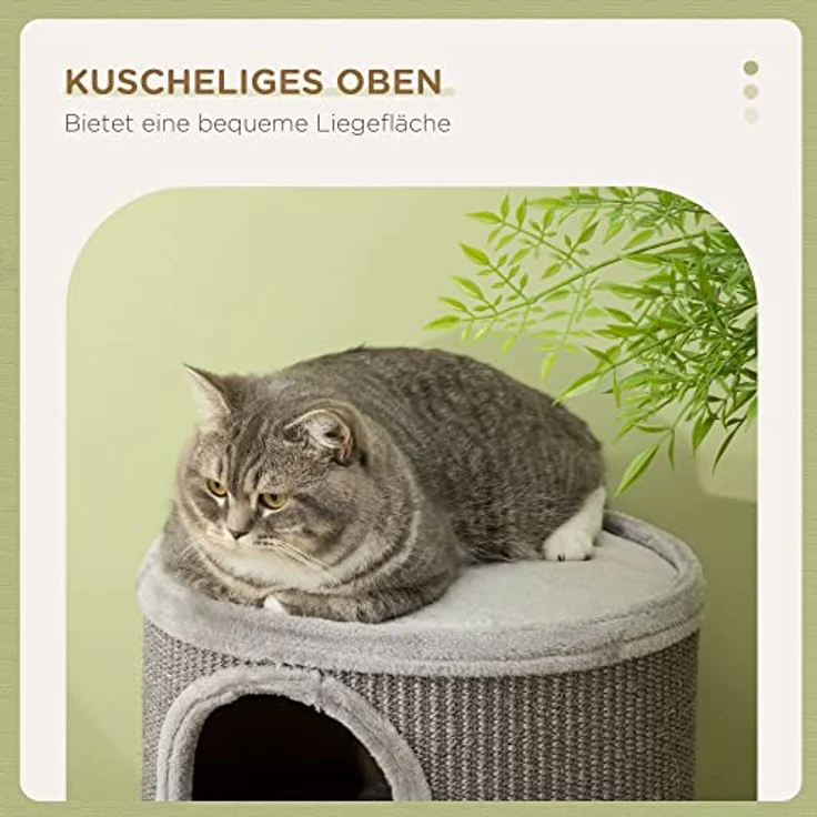PawHut Kratztonne, Höhe 70 cm, Spieltonne für Katzen, 3 Ebenen, Katzenkratzbaum mit 3 Höhlen, Katzenbaum, Kratzturm aus Sisal, Katzenmöbel, Plüsch, Hellgrau – Bild 5