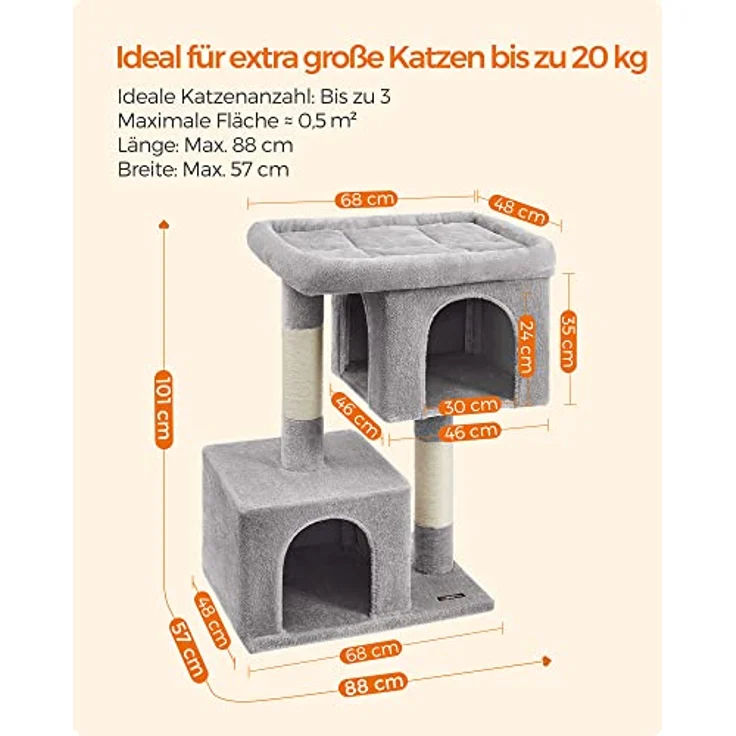 Feandrea Kratzbaum, 101 cm Katzenbaum, XL, Katzenhaus für extra große Katzen bis zu 20 kg, große Plattform, 2 Katzenhöhlen, Sisalstämme, hellgrau PCT614W01 – Bild 5