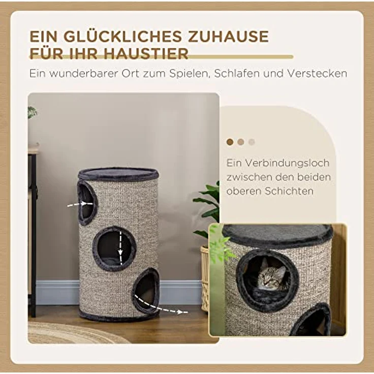 PawHut Kratztonne, Höhe 70 cm, Spieltonne für Katzen, 3 Ebenen, Katzenkratzbaum mit 3 Höhlen, Katzenbaum, Kratzturm aus Sisal, Katzenmöbel, Plüsch, Grau – Bild 4