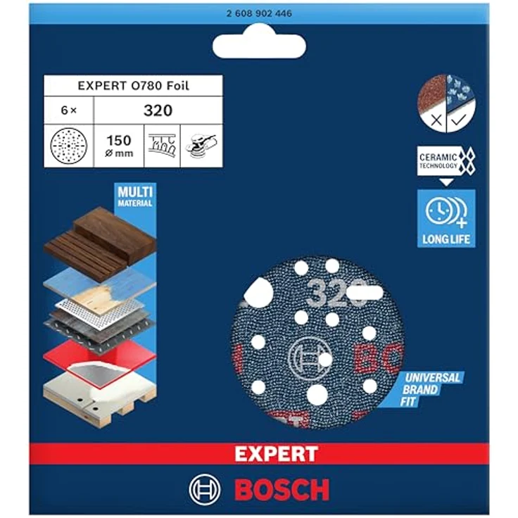 Bosch EXPERT O780 Folienschleifscheibe 150 mm, Körnung 320, für Hartholz und Metall, mit Klettverschluss – Bild 2