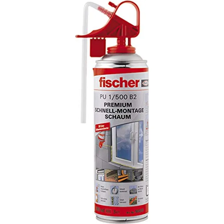 fischer Schnell-Montageschaum PU 500, Bauschaum für Verfüllung, Dämmung & Isolierung, PU-Schaum inkl. Fix-Adapter für sofortigen Einsatz & Wiederverwendung, 500 ml