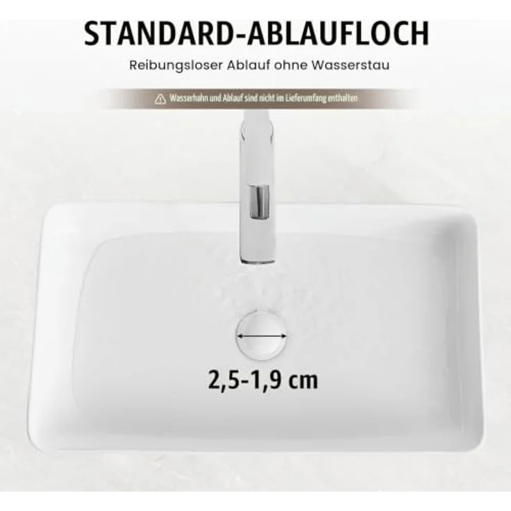 VEVOR Rechteckiges Aufsatzwaschbecken 61 x 35 cm, weißes Keramik-Waschbecken mit tiefem Spritzschutz und modernem Design für Badezimmer, Hotel – Bild 3