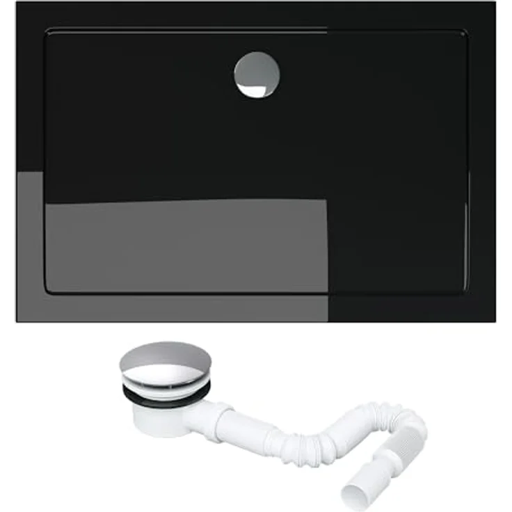 doporro Duschtasse Duschwanne 70x80x4 flach inkl. Ablaufgarnitur AL01 aus Acryl in Schwarz Rechteckig DIN-Anschlüsse für bodenebene Montage geeignet Faro2 – Bild 2