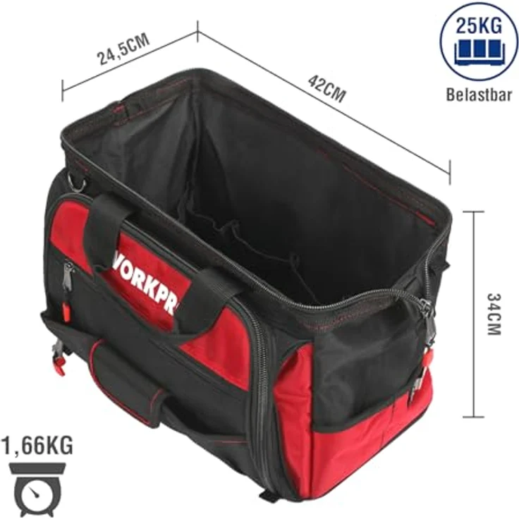 WORKPRO Werkzeugtasche Elektriker 42 x 25 x 34CM, Robuster 1680D Polyester,mit weiter Reißverschluss-Öffnung,Tragebügel und verstellbarem Schultergurt – Bild 2