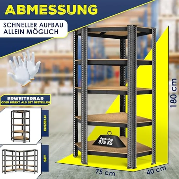 MASKO Eckregal Lagerregal Schwerlastregal, Kellerregal, 180x75x40cm , bis 875 kg, 5 verstellbare Ablagen, MDF-Platten Regal aus Metall, Steckregal, Werkstattregal, Keller, Garage Schwarz – Bild 3