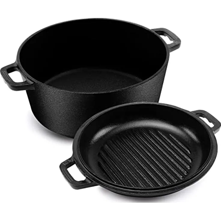 KICHLY 2 in 1 Gusseisen Dutch Oven, Vorgewürzter 5 QT mit Grillpfannendeckel – Ideal zum Brot Backen, Kochen, Braten, Schmoren & Grillen im Innen- und Außenbereich