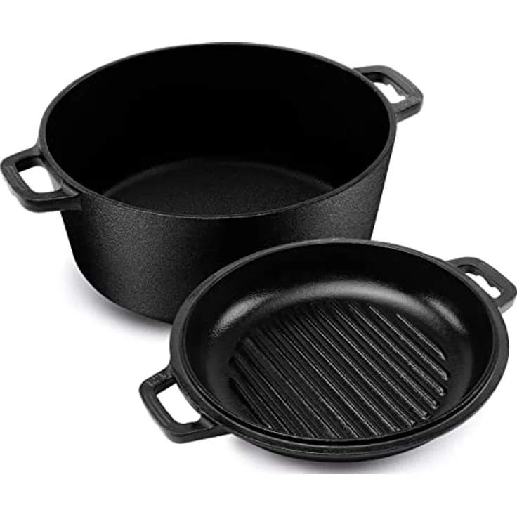 KICHLY 2 in 1 Gusseisen Dutch Oven, Vorgewürzter 5 QT mit Grillpfannendeckel – Ideal zum Brot Backen, Kochen, Braten, Schmoren & Grillen im Innen- und Außenbereich – Bild 1