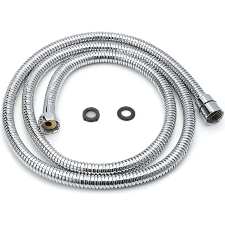 H&S Edelstahl Duschschlauch mit 2 Unterlegscheiben - 1,5m mit 1/2 Zoll Anschluss - Universal Brauseschlauch mit Chrom-Finish - Knickschutz Schlauch für Dusche & Badewanne – Bild 1