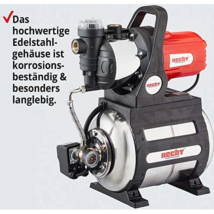 Hecht Hauswasserwerk 3331 INOX, 4.600 l/h, 1100W, Edelstahl, Druckschalter, 4,5bar, 45m Förderhöhe, 24L Tank – Bild 2
