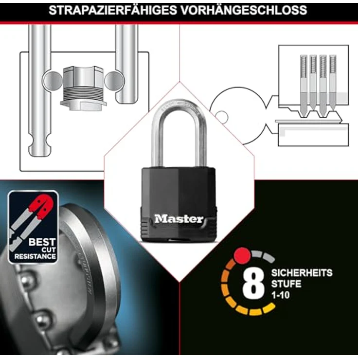 MASTER LOCK Hochsicherheits Vorhängeschloss [Schloss mit Schlüssel] [Beschichtetem Laminiertem Stahl] [Wetterfest] [Medium Bügel] M115EURDLF - Ideal für Lagerräume, Lagerschuppen, Garagen, Zäune – Bild 3