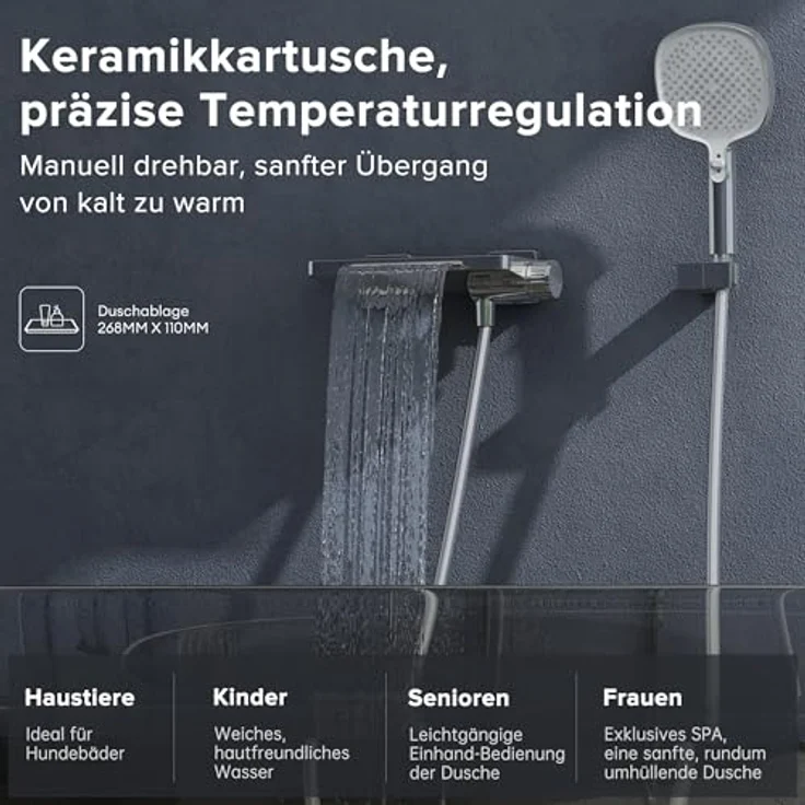 doporro Badewannenarmatur DSN-403, Wasserfallarmatur aus Vollmessing mit Handbrause, 3 Strahlarten, 1,5m Brauseschlauch und Halterung, Silber – Bild 4
