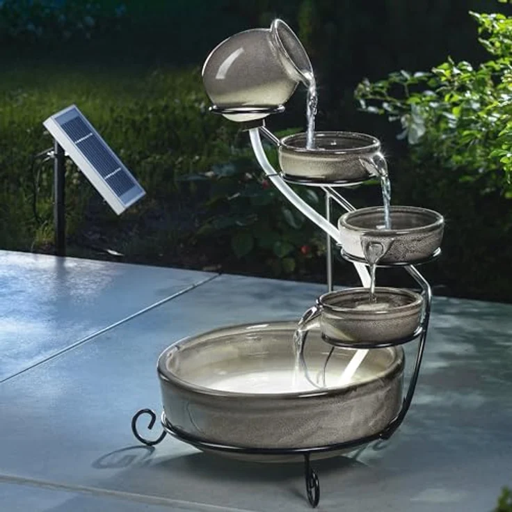 esotec Solar Kaskadenbrunnen Pisa, keramischer Gartenbrunnen mit Akku und LED, grau, H=55cm, 200l/h Förderleistung – Bild 2