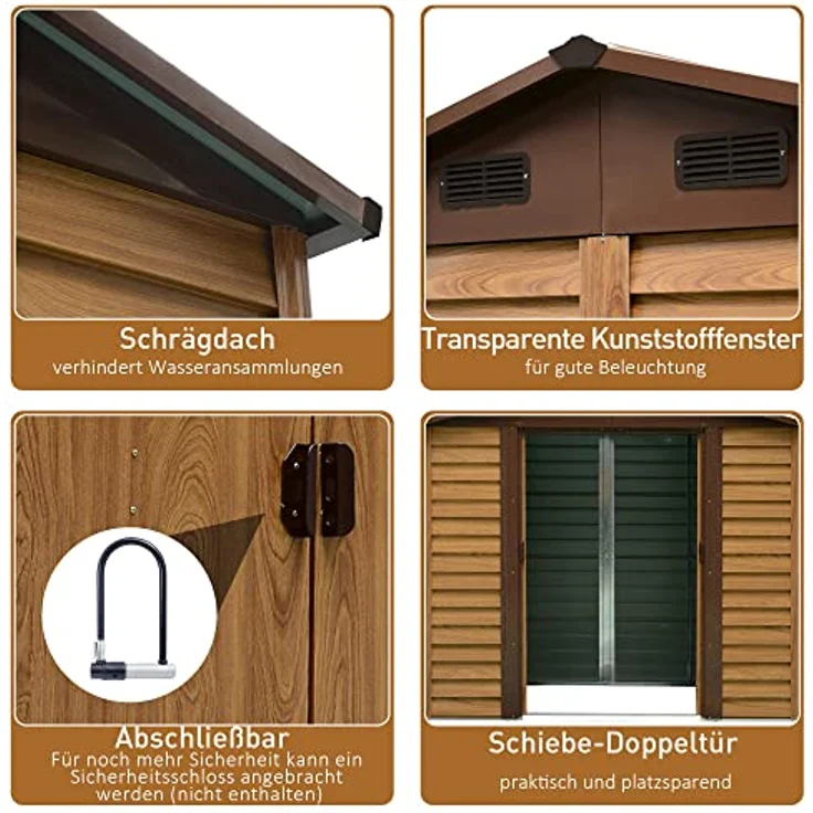 Outsunny Gartenschuppen Geräteschuppen Gerätehaus Gartenhaus mit Fenster, Schiebetüren, wetterfest Gartenhütte mit Holzoptik Stahl Braun 152 x 235,7 x 208,7 cm – Bild 5