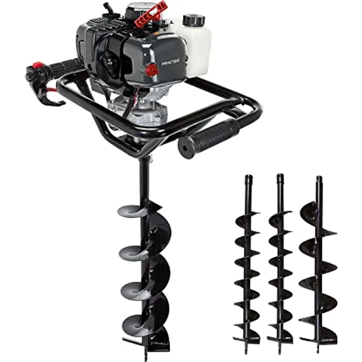 Practixx Benzin Erdbohrer PX-EB-52, 2-Takt Motor mit 1,97 PS, Bohrerlänge 800mm, inkl. Ø 100, 150, 200mm Bohrer, handlich mit 2 Griffen