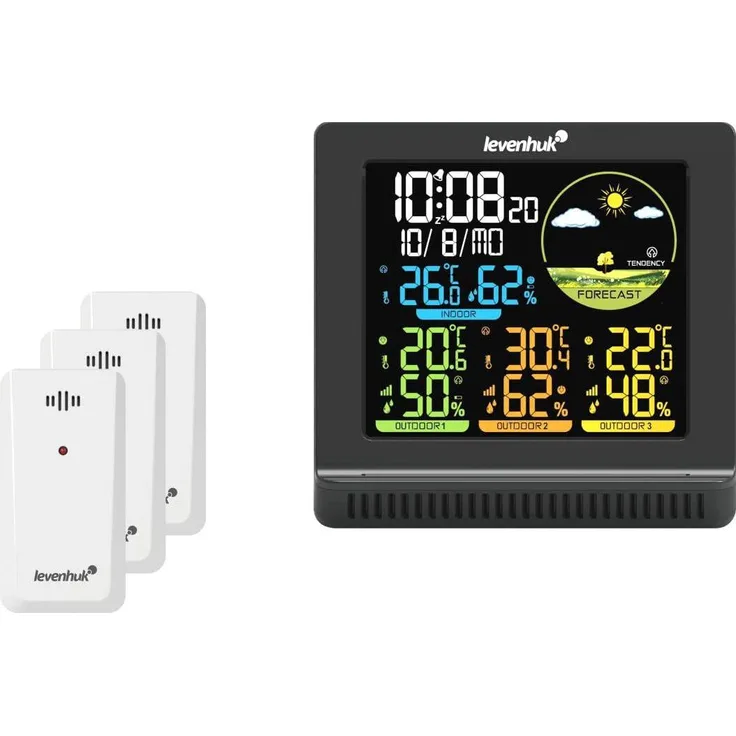 Discovery Levenhuk Wezzer PLUS LP40 Wetterstation, Farbdisplay mit 3 Fernsensoren, schwarz, Temperatur- und Luftfeuchtigkeitsmessung, Wecker und Kalender