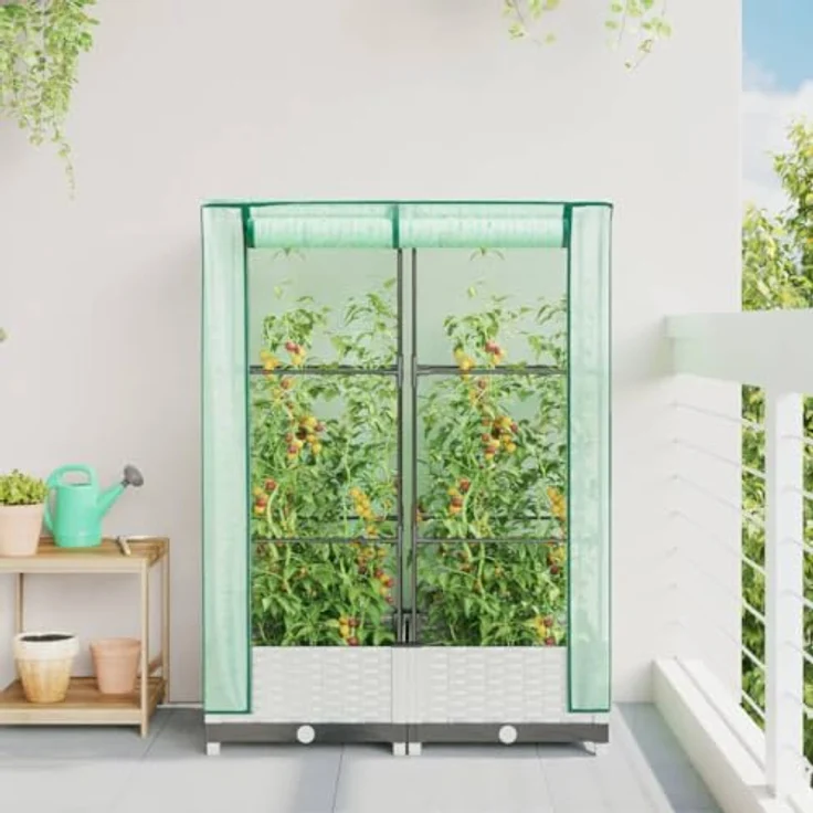 vidaXL Hochbeet mit Gewächshaus-Aufsatz Rattan-Optik 80x40x123 cm, Weiß - Stabiles Eisenrohr-Rahmen, wasserfeste Abdeckung, praktische Belüftungsfunktion – Bild 4