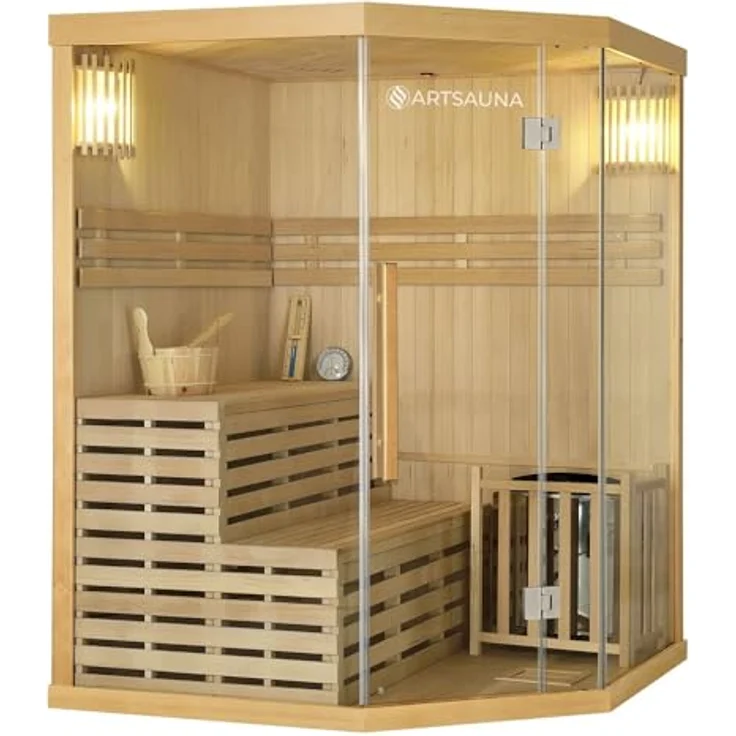 Artsauna Saunakabine Espoo150 Premium mit Harvia Ofen — 3 Personen — Hemlock Holz, Glasfront und LED Licht — Inkl. Thermometer & Sanduhr —Komplett Set – Bild 6