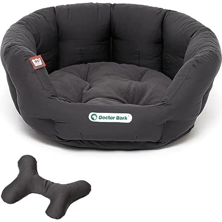 Doctor Bark Hundekorb rund, Hundebett für mittlere Hunde, Kuschelbett + ToyBone mit flauschigem Wendekissen, orthopädisch, waschbar bis 95°C (M - 50x40 cm, Grau)