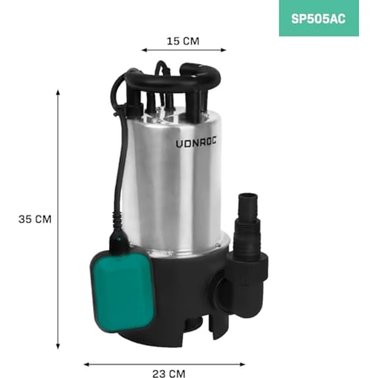 VONROC Tauchpumpe Schmutzwasserpumpe - Wasserpumpe für Schmutzwasser Keller - Flachsaugend - Gartenpumpe für sauberes Wasser mit integriertem Schwimmer (850W - 14000l/h) in Edelstahl – Bild 3
