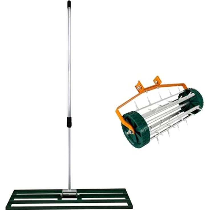 T-Mech Belüfter und rollender Rasennivellierer 3.8cm Spitzen 100cm x 32cm Grünfarbener Nivellierrechen, Abnehmbarer, ausziehbarer Doppelzweck-Griff