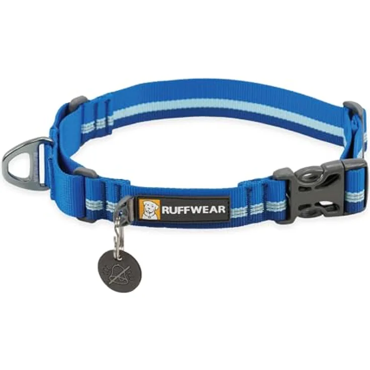 RUFFWEAR Web Reaction Hundehalsband, verstellbares Martingal-Halsband mit Aluminium-V-Ring und seitlicher Öffnung, bequemer Stoff, reflektierendes mit Schlauchlock-Gurtband Blue Pool 14"-17"