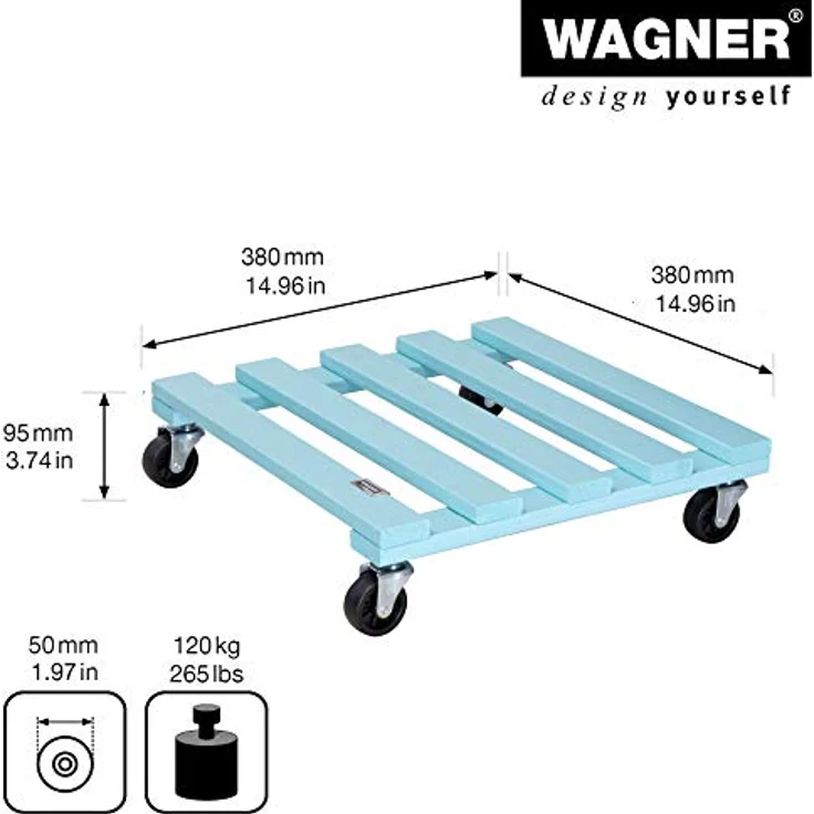 Wagner Pflanzenroller Aqua Splash 38 x 38 x 9,5 cm I Blumenroller für Außenbereich + Innenbereich I Kübelroller aus FSC®-Massivholz, Aqua Splash/türkis I Tragkraft 120 kg I Made in EU - 20042301 – Bild 3