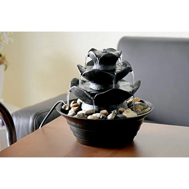 dobar® Design Tischbrunnen 96410e - Zimmerbrunnen dreistufig in Steinoptik - Kleiner Springbrunnen - Dekoratives Wasserspiel für Wohnzimmer/Büro/Indoor - Zierbrunnen - 22,2 x 22,2 x 20,6 cm - Schwarz – Bild 4