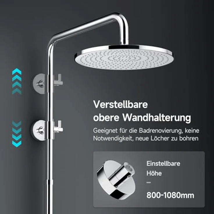Rainsworth Duschsystem Ohne Thermostat, 3 Strahlart(en), Duschgarnitur mit Umsteller, 3 Strahlarten Handbrause, Chrom – Bild 6