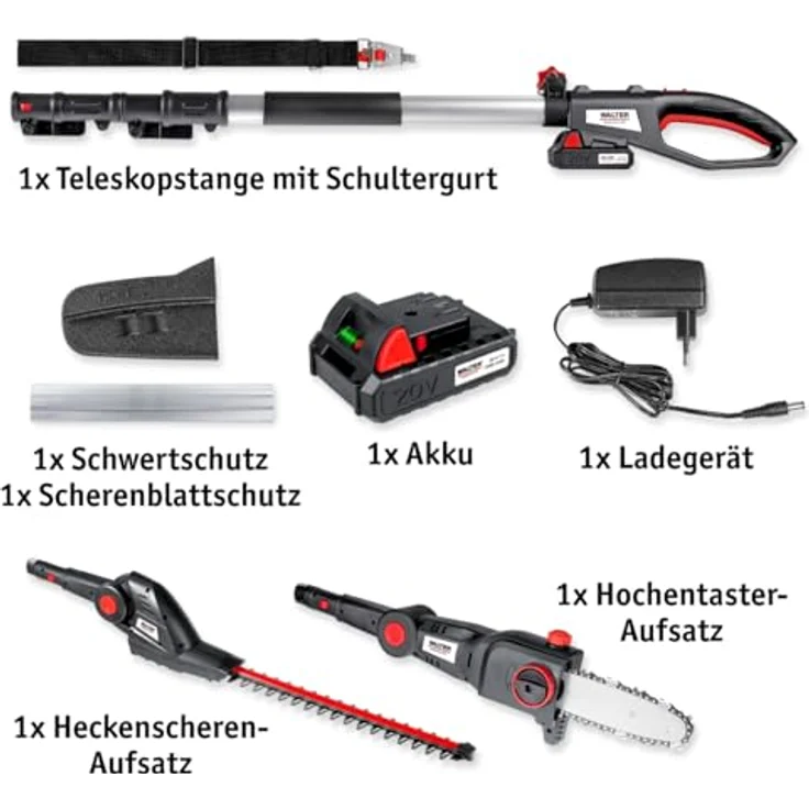 WALTER Li-Ion Akku-Hochentaster-/Heckenschere 20 V, 2 in 1 Kombigerät mit Teleskopstange bis 2,40 m, 180 mm Schnittlänge, Qualitätsmesser 405 mm – Bild 7