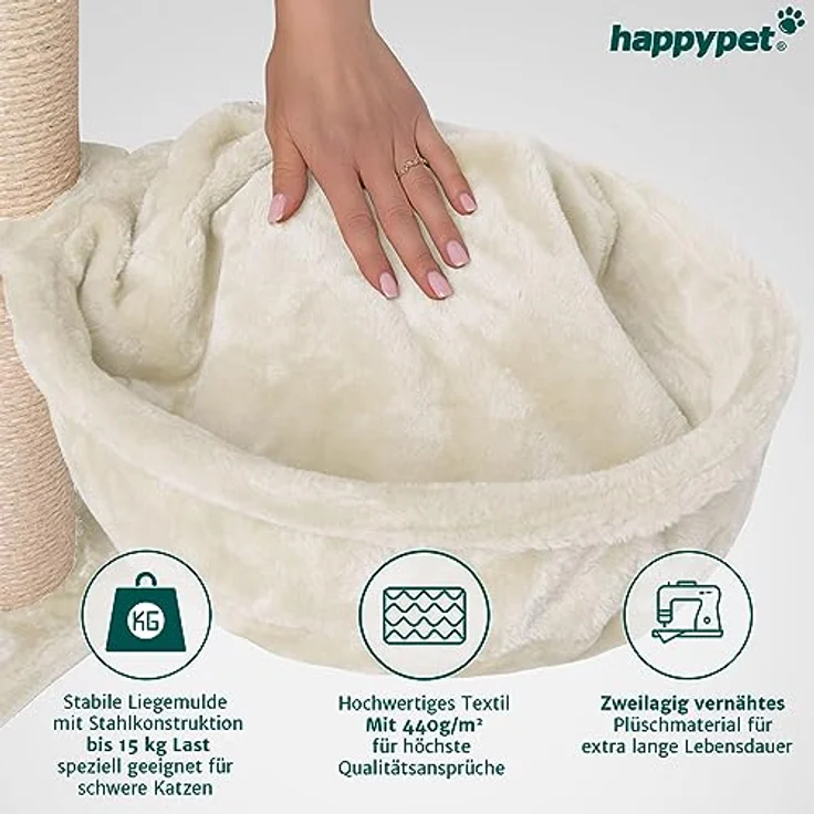 HAPPYPET Universal XL Liegemulde für Kratzbaum Ø 40cm, Große Schlafmulde, Stabiler Metallrahmen, 440g Plüsch, Ersatz-Liegemulde belastbar bis 15kg, Creme – Bild 4