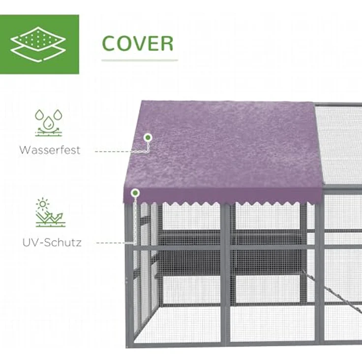 PawHut Hühnerstall Freilaufgehege aus Holz, 280 x 185,5 x 188 cm, mit Tür, Nistkasten, Dach und Rampe, für 8-12 Hühner, grau – Bild 5