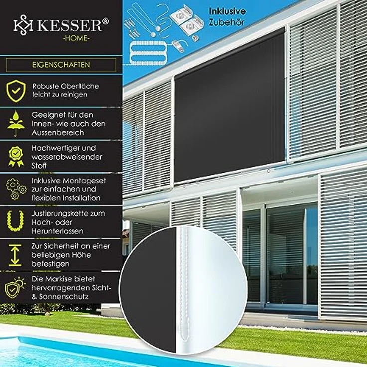 KESSER Senkrechtmarkise Vertikalmarkise Balkonmarkise Sichtschutz Sonnenschutz Seitenrollo Beschattung , Balkonrollo Stabil und wetterbeständig, für Balkon, Terrasse, Garten, anthrazit Anthrazit, 140x240cm – Bild 2