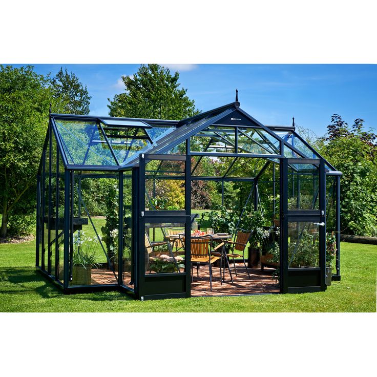 Juliana Gewächshaus 'Orangerie' 296 x 439 cm mit 3 mm Sicherheitsglas anthrazit, Made in Dänemark, 4 Dachfenster, doppelte Stalltür
