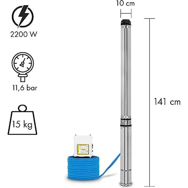 EBERTH 4" Tiefbrunnenpumpe, rostfreier Edelstahl, elektrisch 2200W, Förderhöhe max. 112m, mit Schmutzsieb, Stromkabel 20m – Bild 2
