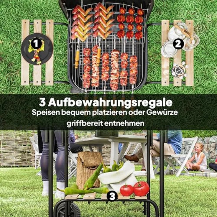 Outsunny Holzkohlegrill aus Stahl, fahrbar mit abschließbarem Deckel, 1840 cm² Grillfläche, zwei seitliche Ablagen, schwarz – Bild 5