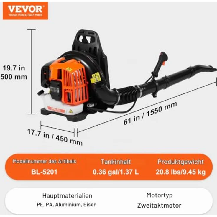 VEVOR Rucksack-Laubbläser, 52 CC 2-Takt-Benzin, 1,37 l Kraftstofftank, 480 CFM, 175 MPH, ideal für Rasenpflege und Laubreinigung – Bild 7