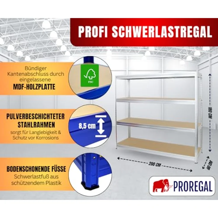 PROREGAL Schwerlastregal Dino Extra Breit 180x200x60 cm, Fachlast 450kg, Verzinkt - Kellerregal, Lagerregal, Weitspannregal 60 cm tief – Bild 2