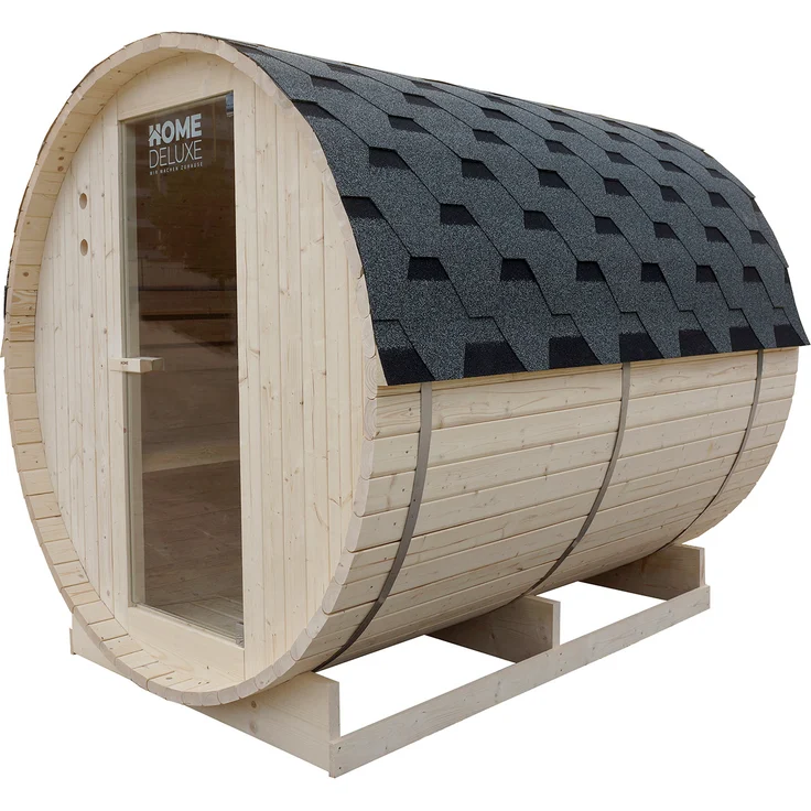 HOME DELUXE - Outdoor Fasssauna LAHTI XL - Maße: BxTxH: ca. 195 cm x 192 cm x 220 cm, Holz: Fichtenholz - inkl. Elektroofen und kompl. Saunazubehör I Gartensauna, Außensauna, Sauna für 6 Personen – Bild 4