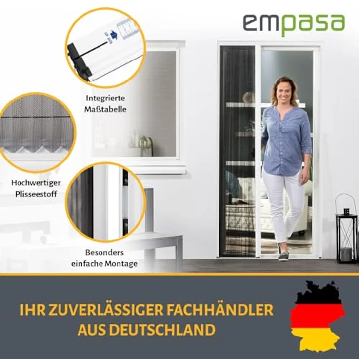 empasa Insektenschutz Plissee Tür Fliegengitter Schiebetür aus Aluminium für Balkon oder Terrasse, weiß, ZUVERLÄSSIGER INSEKTENSCHUTZ, STABILE SCHIEBETÜR, EINFACHE MONTAGE – Bild 3