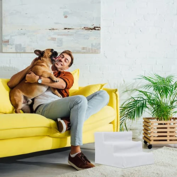 Relaxdays Hundetreppe 3 Stufen, kleine & große Hunde, Bett & Couch, Stoffbezug, Tiertreppe innen, HBT: 30x35x45 cm, weiß – Bild 2