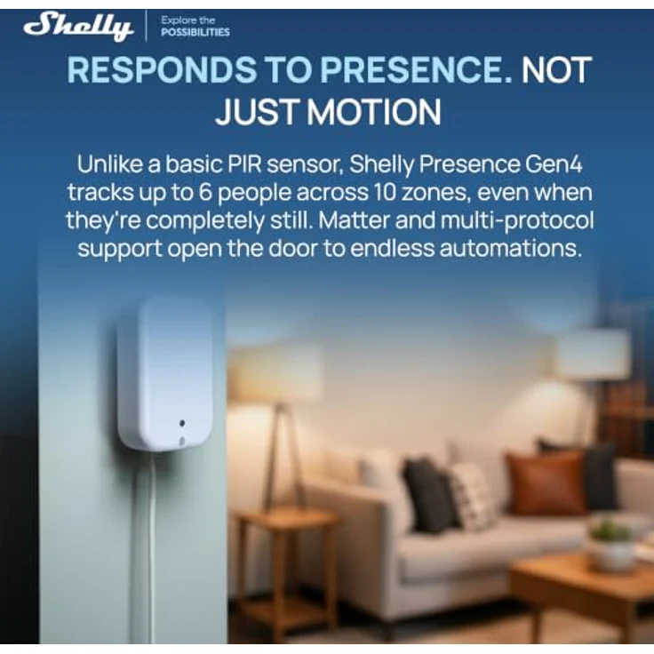 Shelly Presence Gen4 Weiß - WLAN mmWave Radar Präsenzsensor mit 6 Personen-Erkennung, 10 Zonen und 42 m² Reichweite, Lichtsensor, Zigbee, Matter, kompatibel mit Alexa und Google Home – Bild 2
