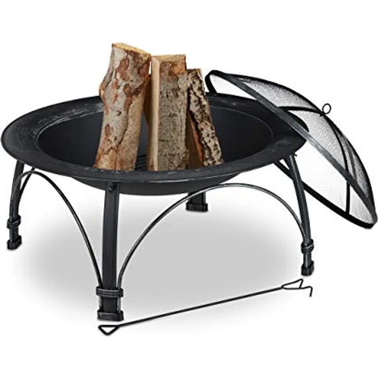 Relaxdays Feuerschale mit Funkenschutz Schürhaken, Garten Terrasse, HxD: 59 x 89 cm, Outdoor Feuerstelle, schwarz – Bild 2