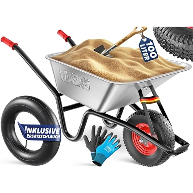 MASKO® Schubkarre 100 Liter, Bauschubkarre für 250 kg Traglast mit Luftreifen und Stahlfelge, verzinktem Rahmen und Ersatzschlauch, inklusive Arbeitshandschuhe – Bild 1