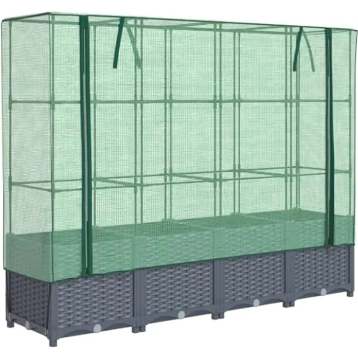 vidaXL Hochbeet mit Gewächshaus-Aufsatz, Pflanzbeet mit Eisenrohr-Rahmen, Rattan-Optik – Bild 1