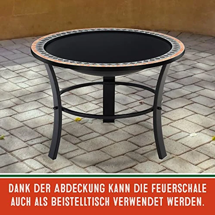 Deuba Feuerstelle Mosaik Sevilla rund 76 cm Feuerrost Funkenfluggitter Abdeckung Feuerschale Feuerkorb Steinoptik – Bild 9