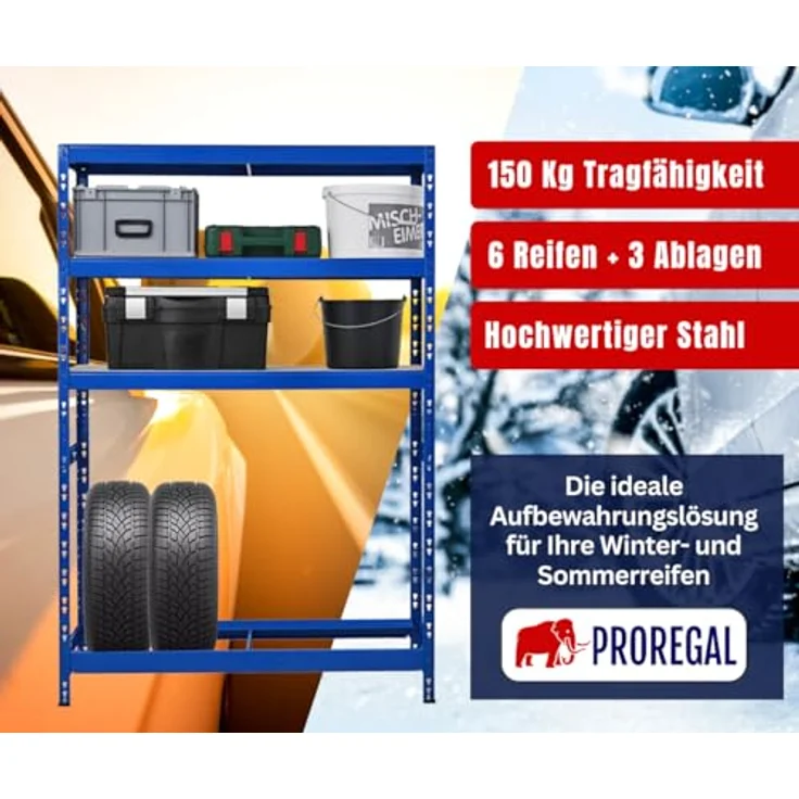 Proregal Reifenregal Tiger mit Fachboden, Platz für 6 Reifen, verstellbare Einlagerungsebenen, blau, 180 x 120 x 40 cm – Bild 3